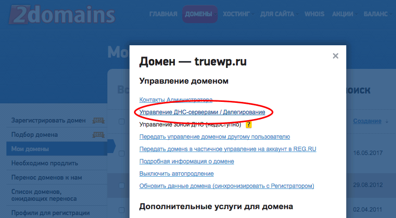 Смена DNS на сайте 2domains.ru